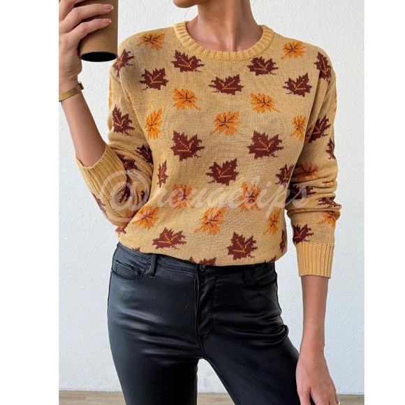 Leaf Print Knit Khaki Sweater Pullover for Fall Autumn - Picture 6 of 7
